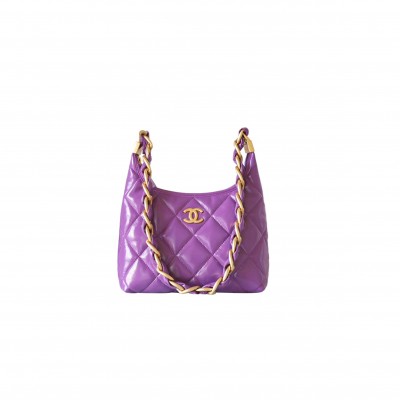 CHANEL MASTER SMALL HOBO BAG SHINY LAMBSKIN AND GOLD METALLIC PURPLE AS4922 (22.5*19.5*8.5cm)